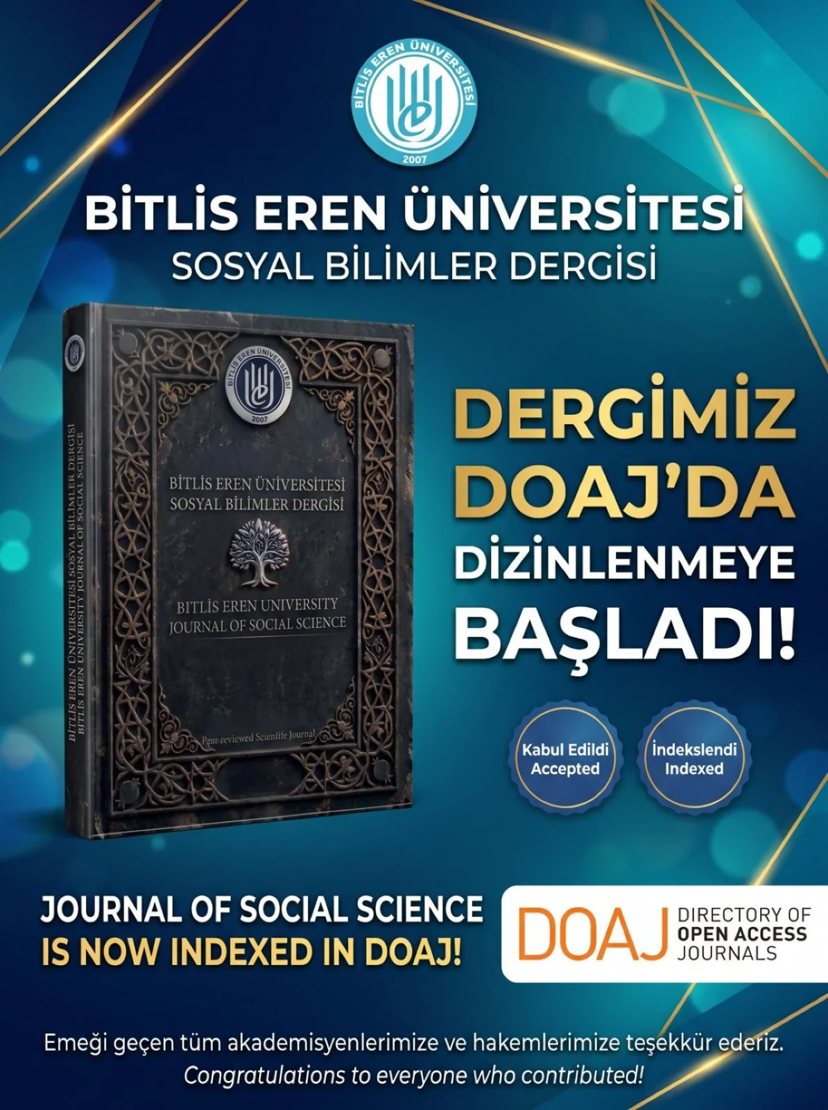 BEÜ Sosyal Bilimler Dergisi DOAJ İndeksine Kabul Edildi