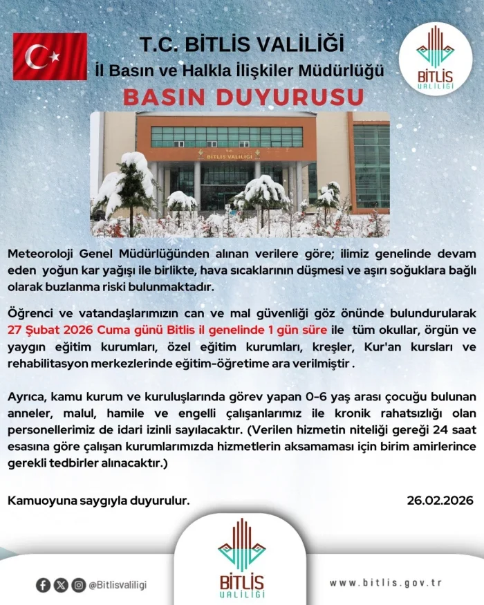 Bitlis’te 27 Şubat’ta Okullar Tatil Edildi