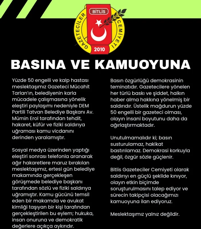 Tatvan’da Gazeteciye Saldırı İddiası: Cemiyetten Sert Tepki